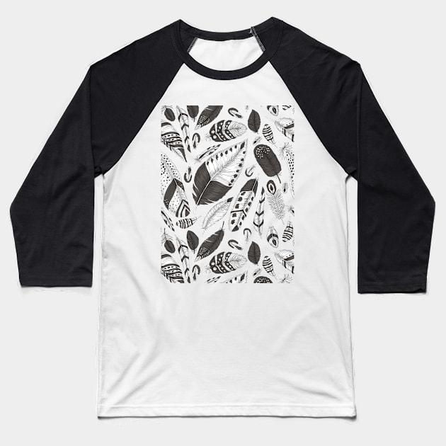 Black and white feathers pattern Baseball T-Shirt by katerinamk